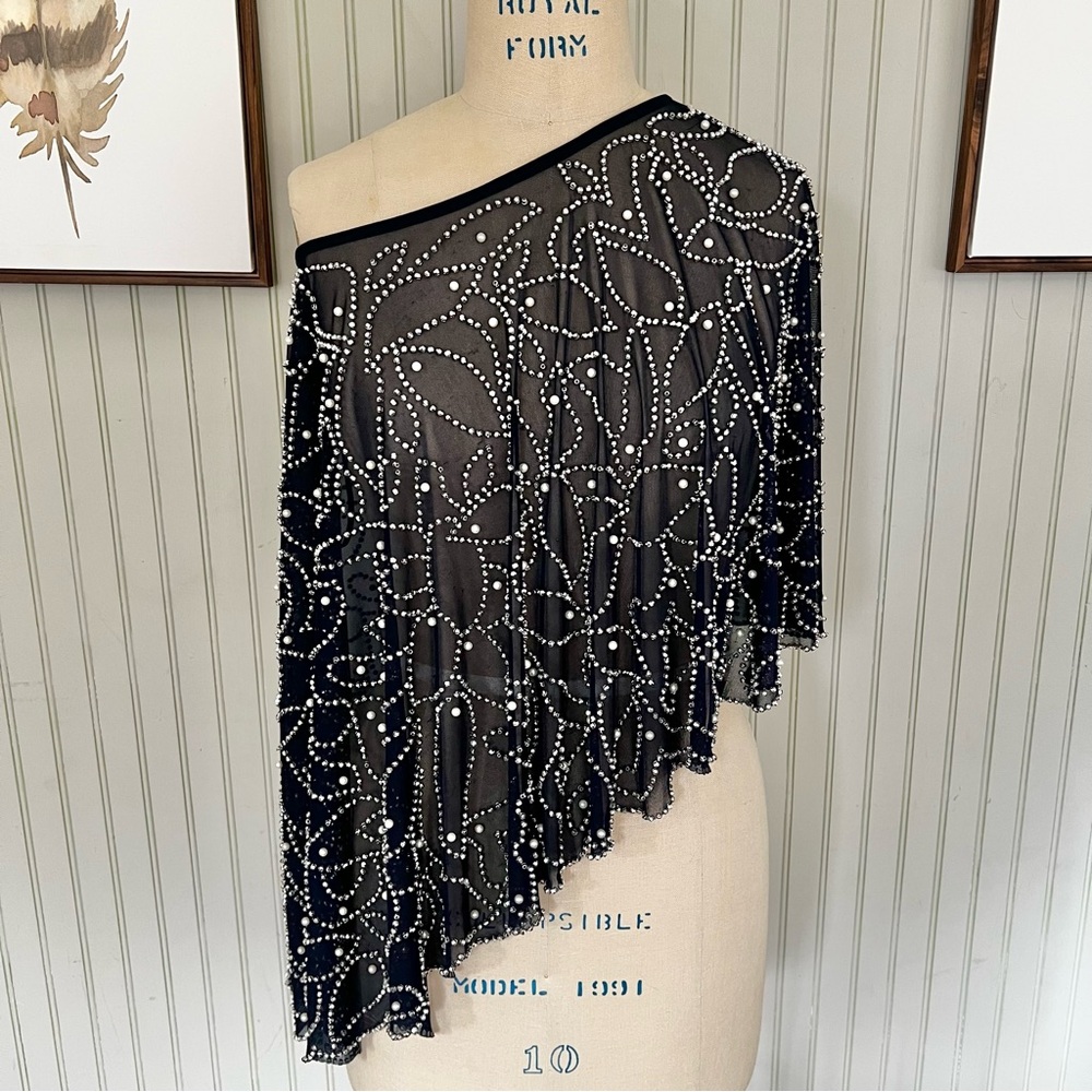 MSK Sheer Asymmetrical Blue Capelet with Silver Beading and Pearls One Size